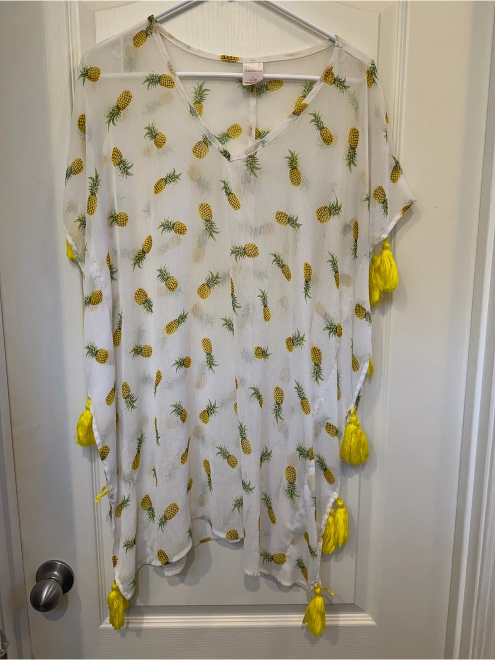 Xhilaration Pineapple Tassel Swim Cover Up S Sheer White Yellow Tropical Kaftan